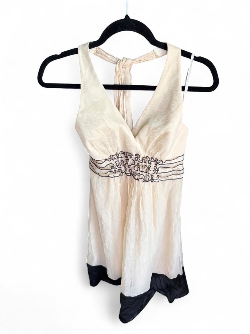 BCBG silk beige black ruffled cocktail formal backless dress 2P Coquette